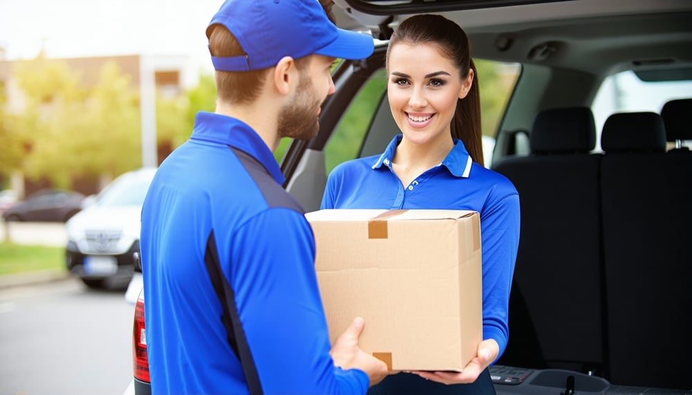 Courier delivering a package to a satisfied customer Courier delivering a package to a satisfied customer